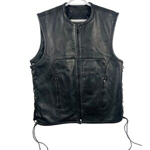 Xelement Mens Black Leather Motorcycle Biker Vest Lace Up Sides Zip Up Pockets M